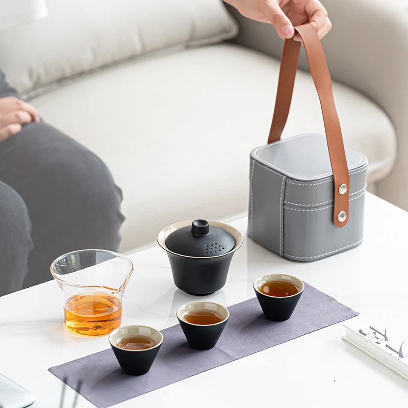 高级感旅行茶具套装户外露营便携茶具黑陶快客杯一壶三杯商务礼品