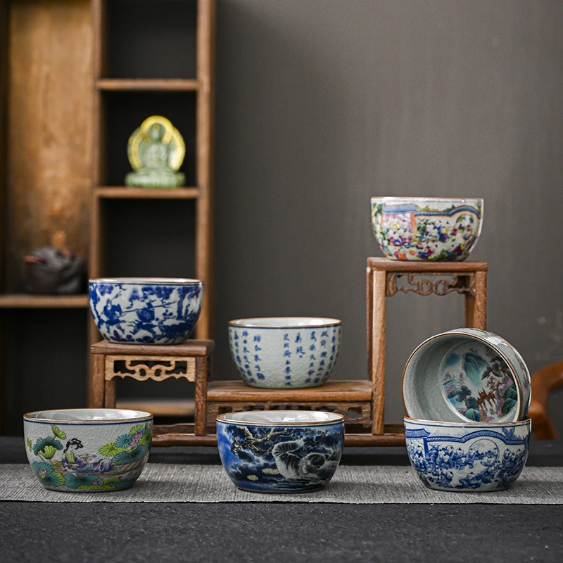 复古青花主人杯中式老陶泥开片可养茶杯陶瓷家用品茗杯大容量单杯