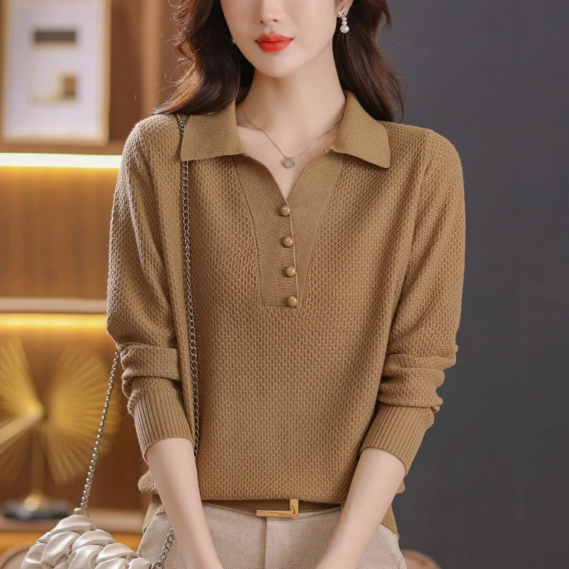 秋装2024新款针织衫长袖t桖女妈妈减龄polo领洋气上衣打底衫毛衣