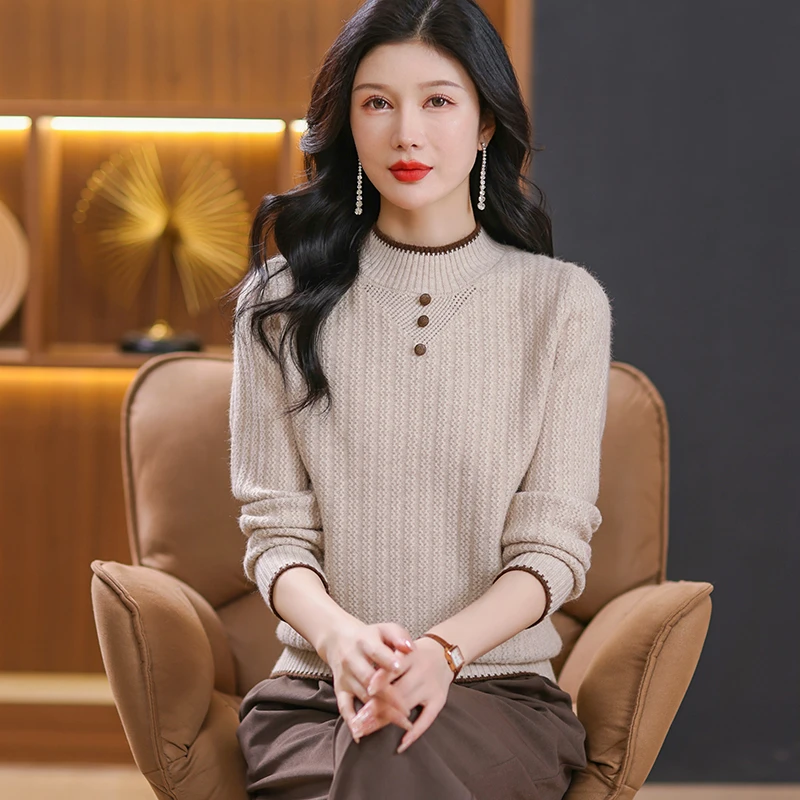 2025新款纯色常规毛针织衫宽松衫圆领时尚百搭秋冬半高领长袖