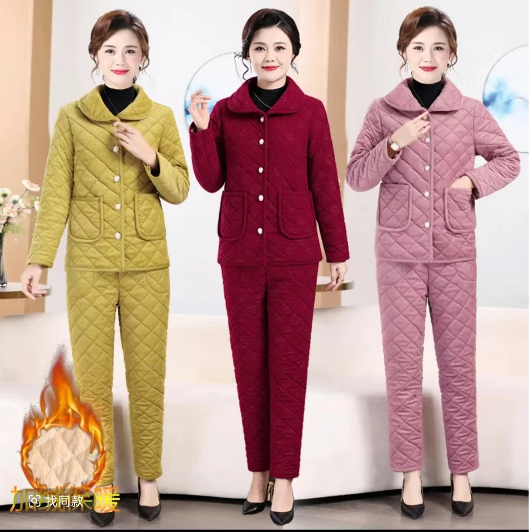 2024冬季新款时尚气质妈妈装加绒加厚棉衣棉服套装保暖舒适女款