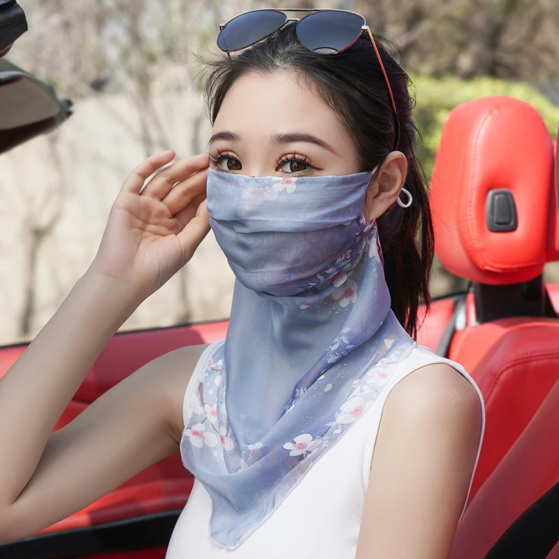 真丝100%桑蚕丝遮阳面罩护颈夏季透气薄款遮脸防晒面纱女骑车口罩