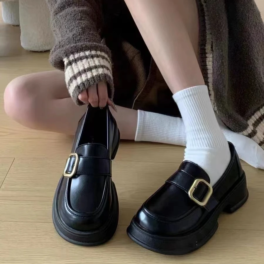 厚底增高乐福鞋英伦风2025春秋新款玛丽珍一脚蹬小皮鞋jk制服单鞋
