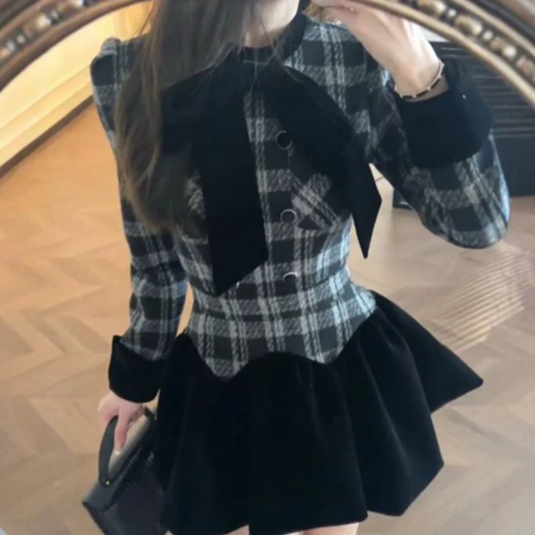 【大碗】法式名媛小香风连衣裙秋冬新款格纹蝴蝶结修身显瘦拼接裙子