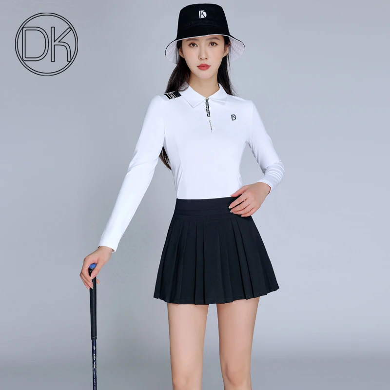 DK2023新品高尔夫女装长袖套装秋冬服装女白色上衣女士服装短裙裤