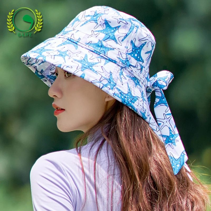 高尔夫球帽女防晒遮阳时尚运动花色渔夫帽子绑带可调节休闲太阳帽