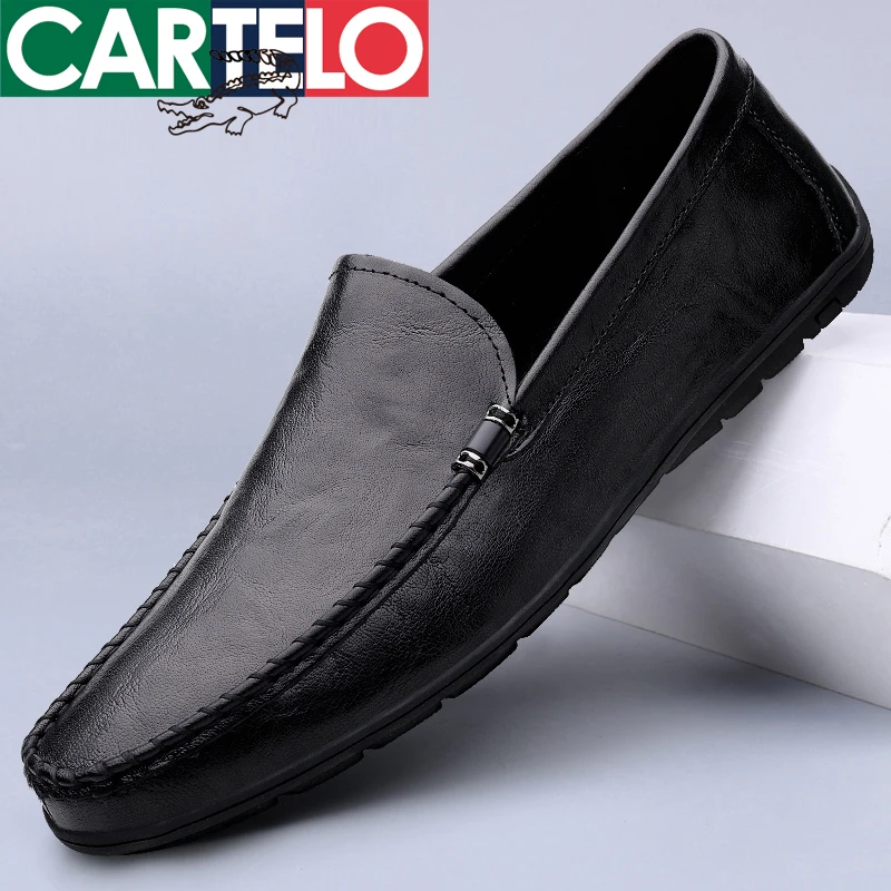 CARTELO/卡帝乐鳄鱼男士皮鞋时尚休闲百搭夏季透气软底豆豆鞋黑色