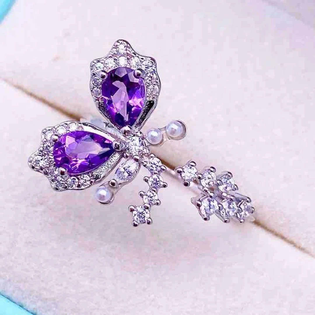 蝴蝶天然紫水晶戒指通体s925银轻奢精致气质时尚百搭开口戒