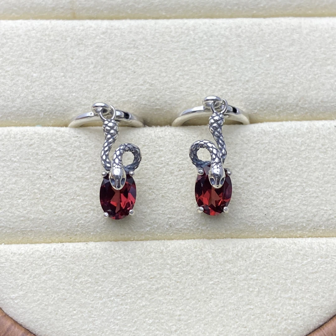 蛇耳饰天然石榴石耳环耳包s925银创意个性时尚百搭（不含证书）