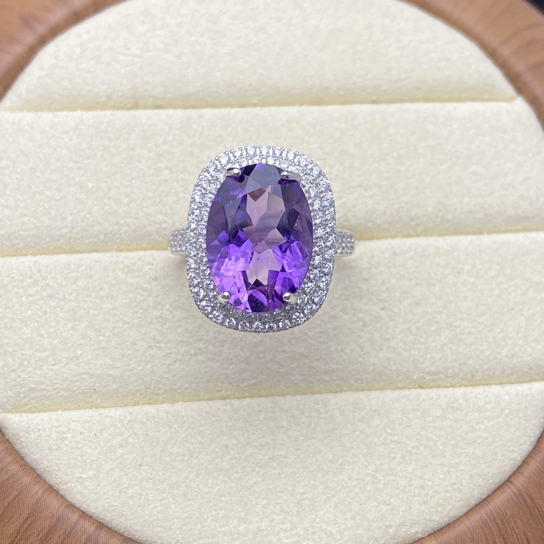 天然紫水晶戒指S925银镶10*14mm满钻豪华气质一物一证