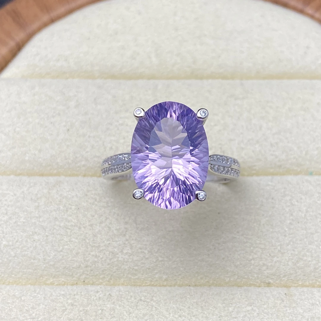 千禧切工天然紫玉晶薰衣草戒指s925银10*14mm简约百搭（一物一证）