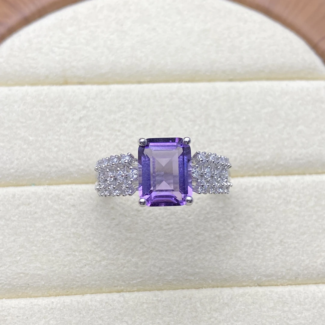 天然紫水晶戒指通体S925银镶主石7*9mm轻奢精致气质优雅时尚百搭