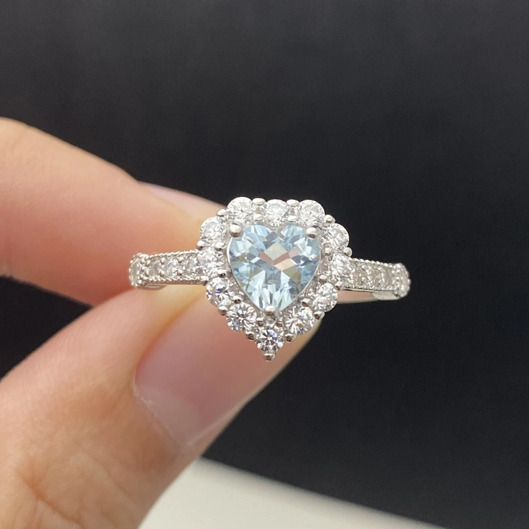 爱心天然海蓝宝戒指s925银6*6mm轻奢精致气质时尚百搭开口戒YM