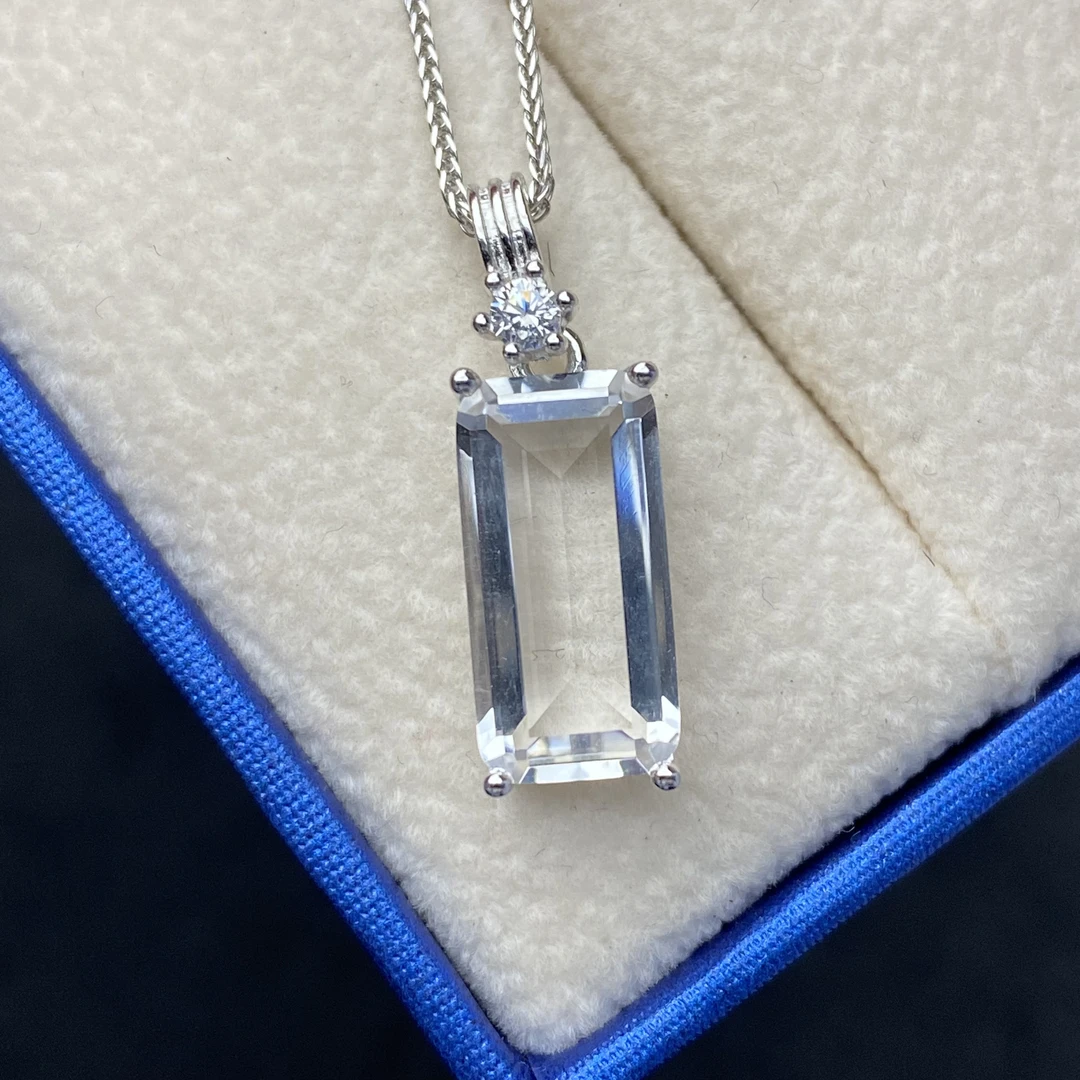 天然白水晶吊坠S925银 方形7*14mm高级简约时尚个性气质时尚百搭A