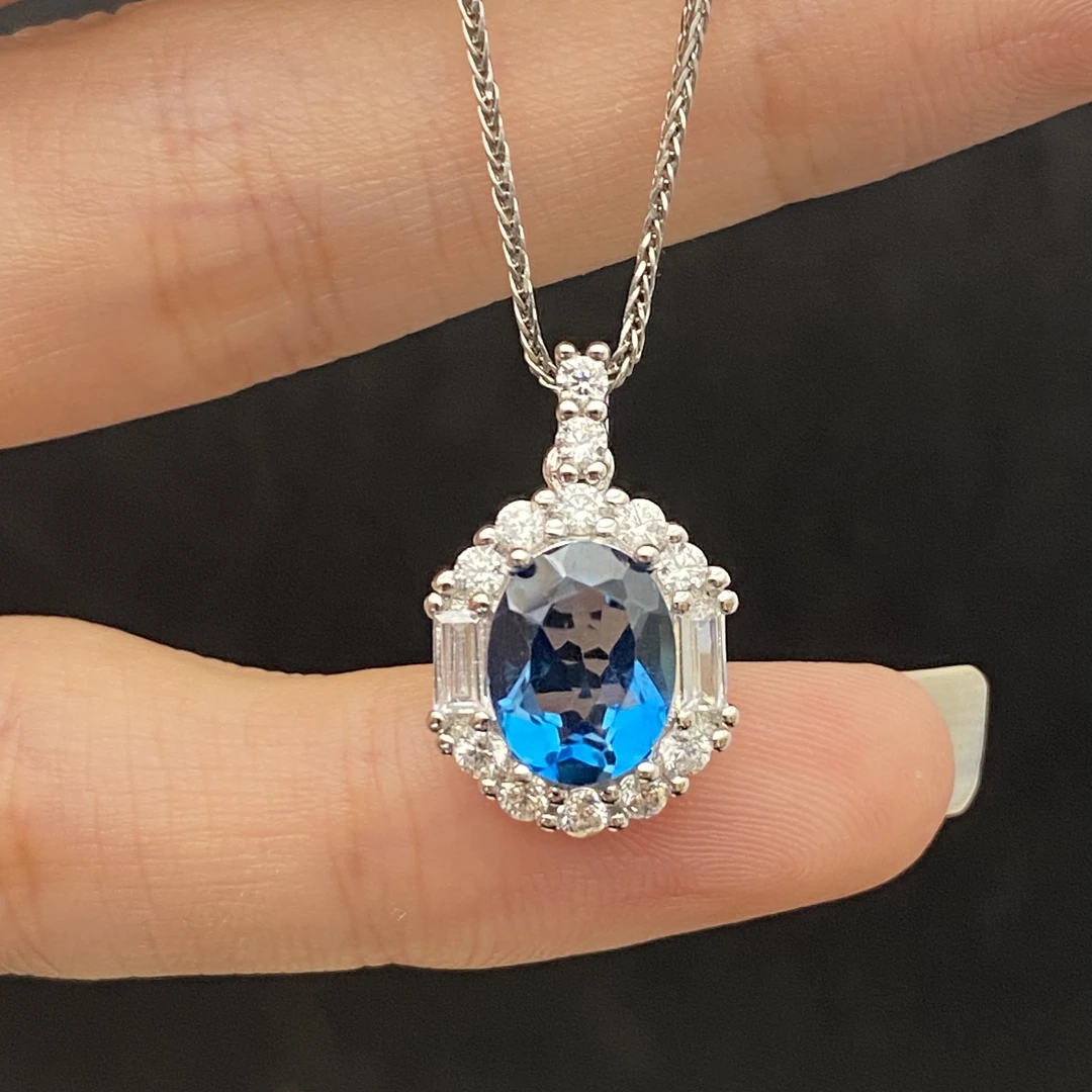 天然伦敦蓝托帕石吊坠（不含链）通体s925银轻奢精致戴妃款时尚百搭