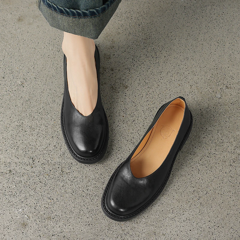 【李李夫妇】舒适浅口女鞋圆头真皮时尚中跟鞋粗百搭跟单鞋女妈妈鞋