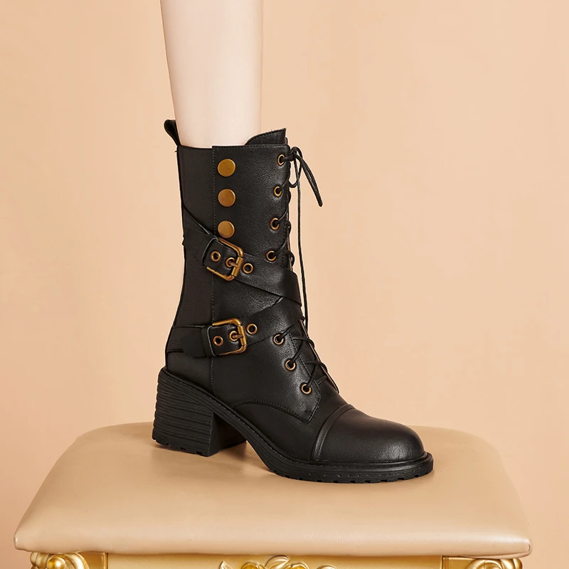 【李李夫妇】2025年春冬季新款厚底马丁靴女鞋真皮时尚中筒靴高跟靴