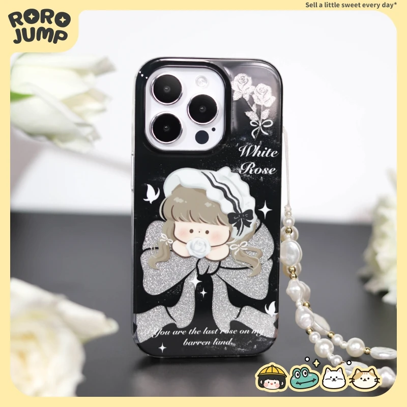 肉肉酱白玫瑰仙子适用iPhone15promax苹果14手机壳13双层银色闪粉