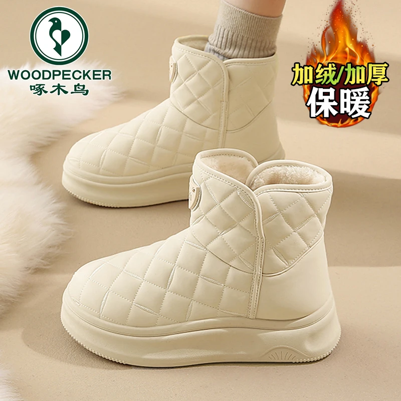 啄木鸟雪地靴女款爆款2025新款冬季加绒加厚棉鞋厚底洋气白色防水