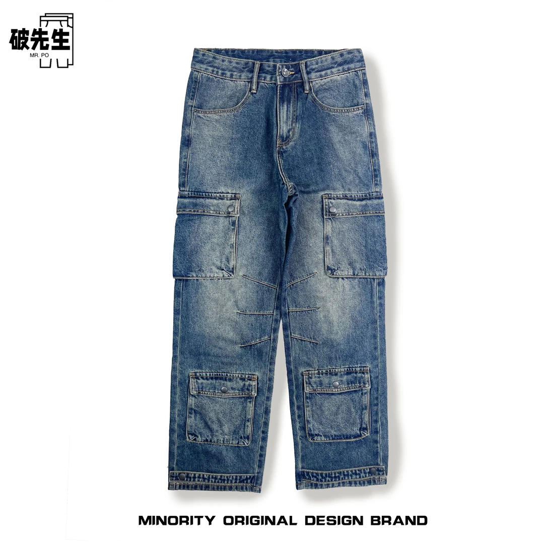 Mr.po/破先生美式休闲痞帅水洗复古工装牛仔裤男直筒宽松阔腿裤子