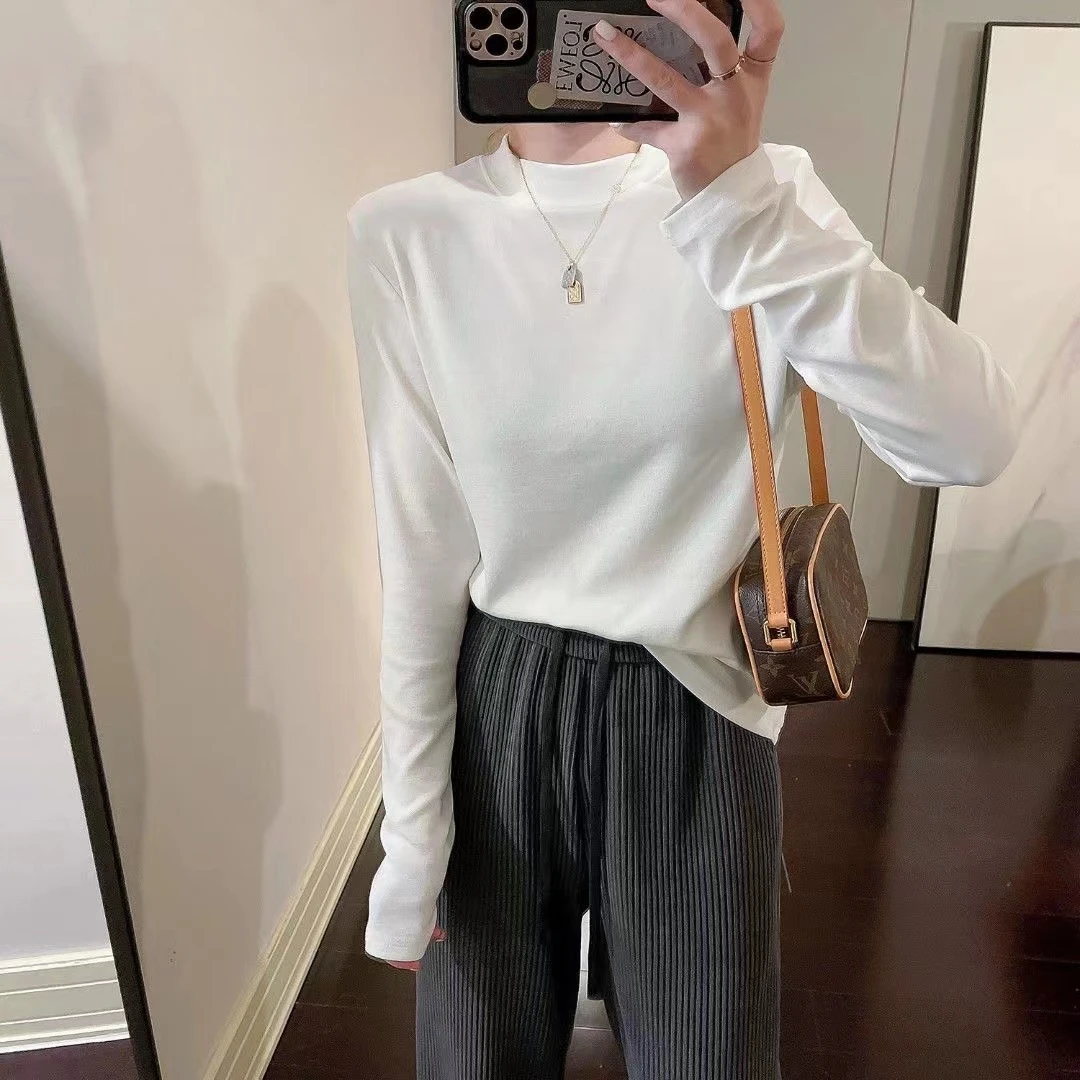 高货！2024新款休闲时尚百搭显瘦纯色打底衫T恤春秋长袖立领上衣