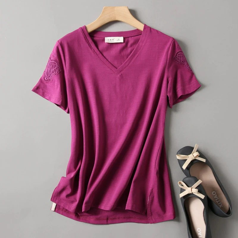 欧货女装2024夏季新款V领竹节棉T恤宽松大码妈妈装上衣刺绣体恤衫