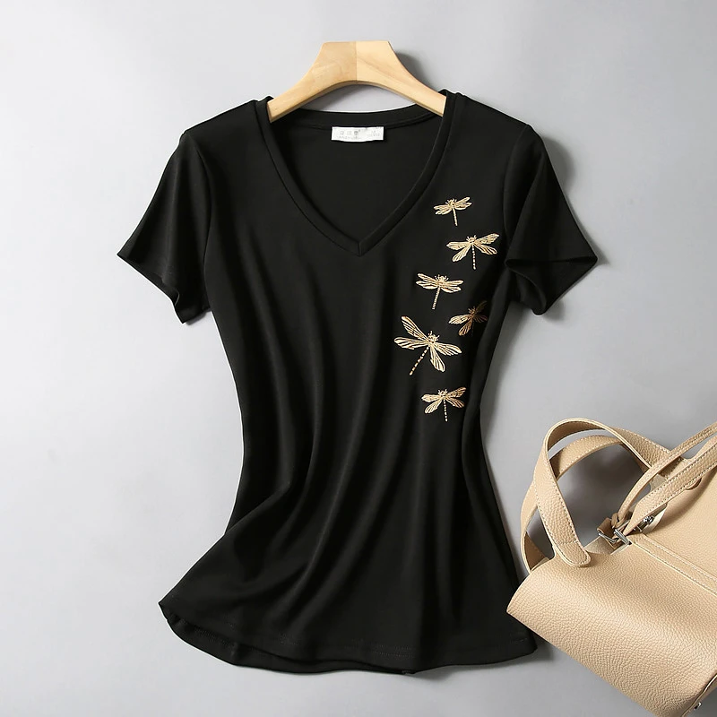 2024年新款夏季V领黑色短袖t恤女修身显瘦打底衫蜻蜓刺绣女装小衫