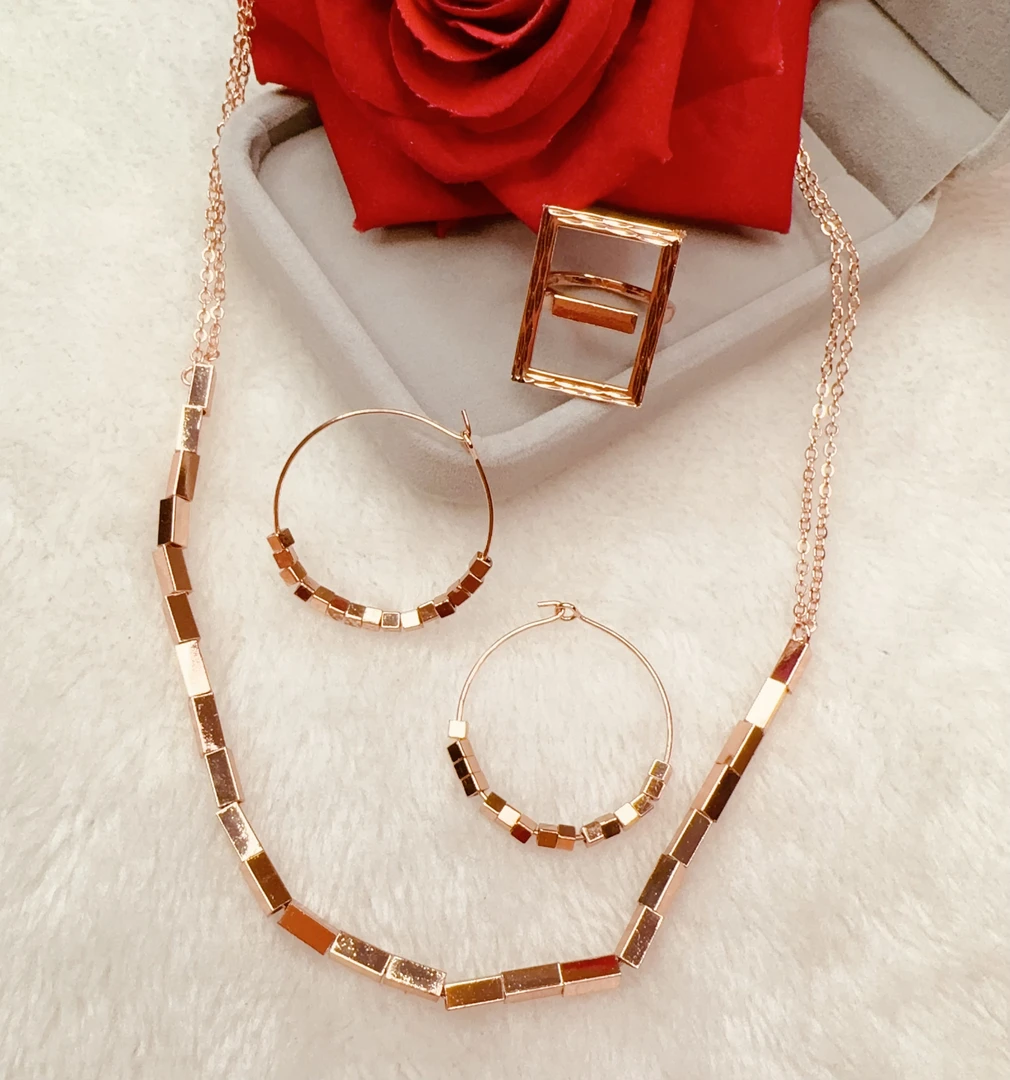 铜合金项链 parilar新款玫瑰金色耳圈方形三件套时尚气质个性690