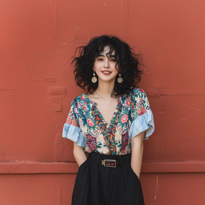 荷叶边满面印花V领短袖衬衫女夏季设计感显瘦遮肉别致绝美小上衣