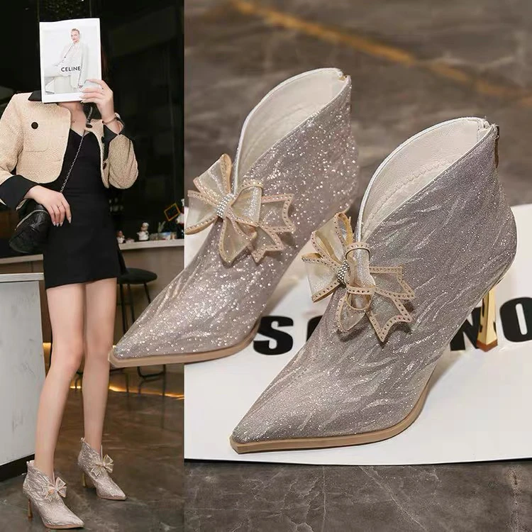 秋冬季蝴蝶结时装靴女贵气质名媛尖头轻奢高级感短筒靴