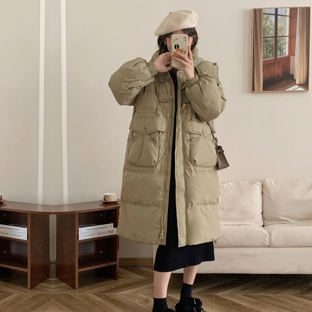 波司澄韩版牛角扣中长款羽绒服女年冬季新款泡芙感收腰加厚保暖外