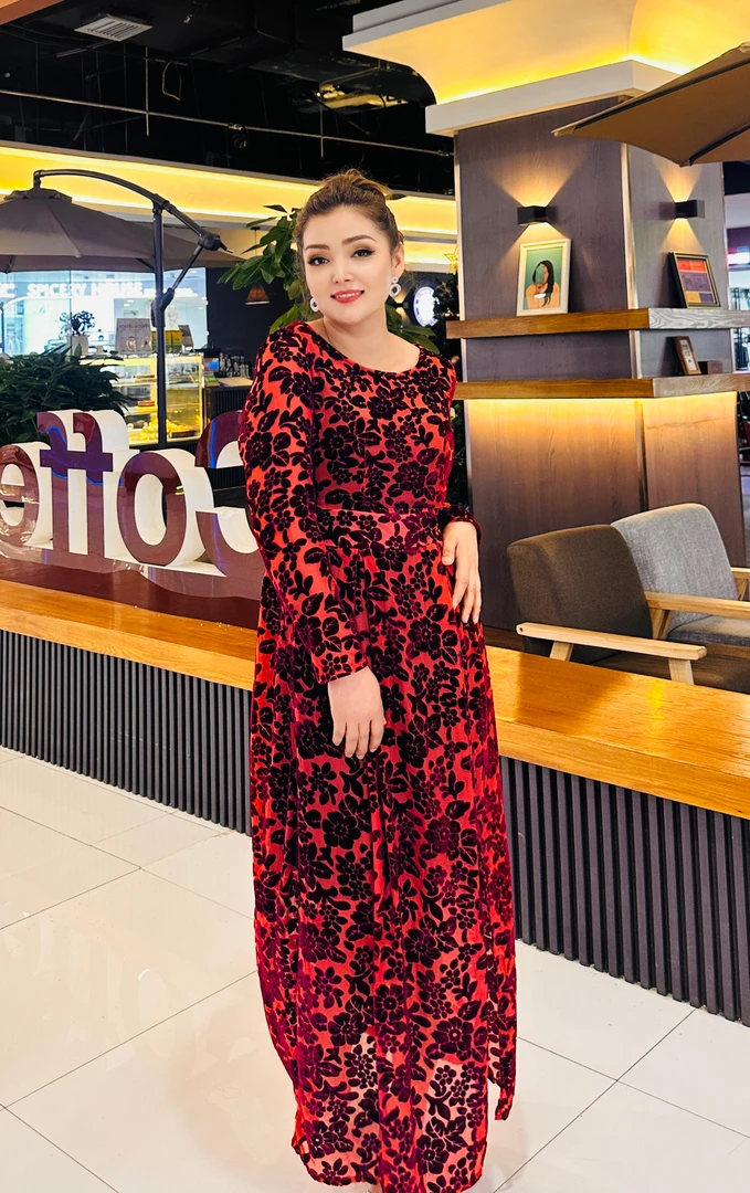 介音丝印花金丝绒连衣裙