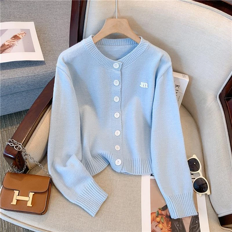 【现货宠粉】奶fufu蓝色针织开衫女软糯温柔风宽松短款单排扣毛衣女