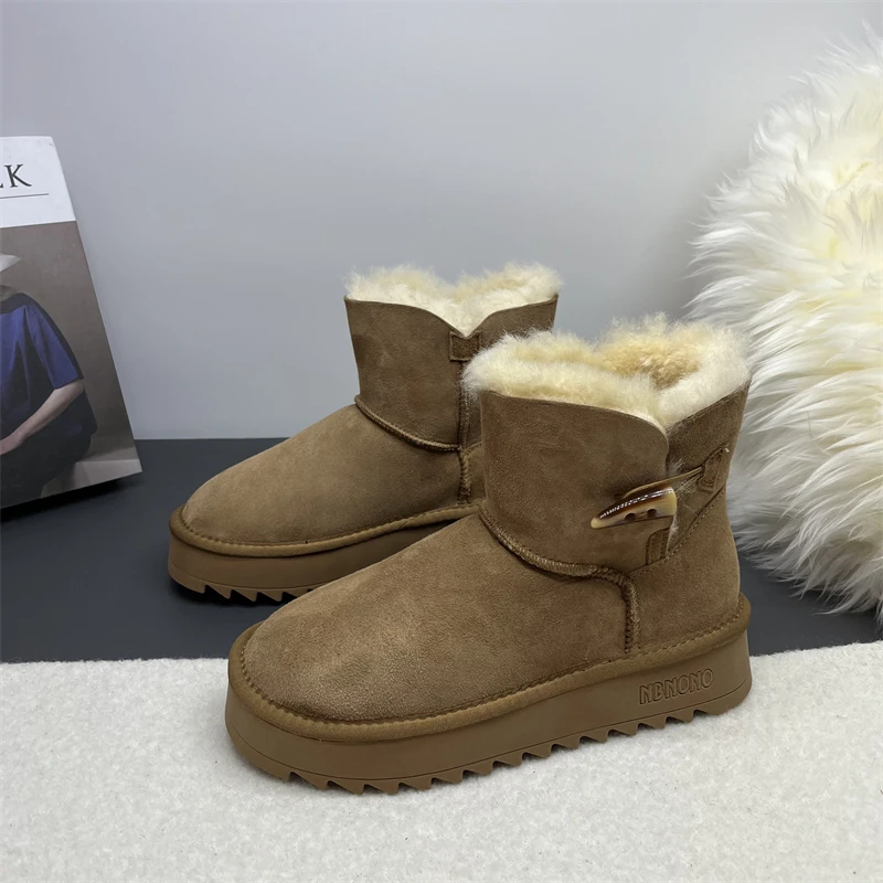 女鞋！新款羊皮毛一体厚底雪地靴女保暖加绒短靴大码牛角扣棉鞋