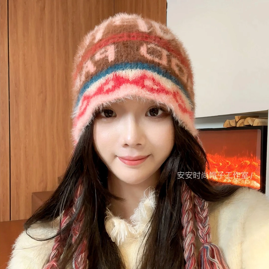 韩版冬季辫子套头帽女生保暖护耳套头帽日系小众针织雷锋帽