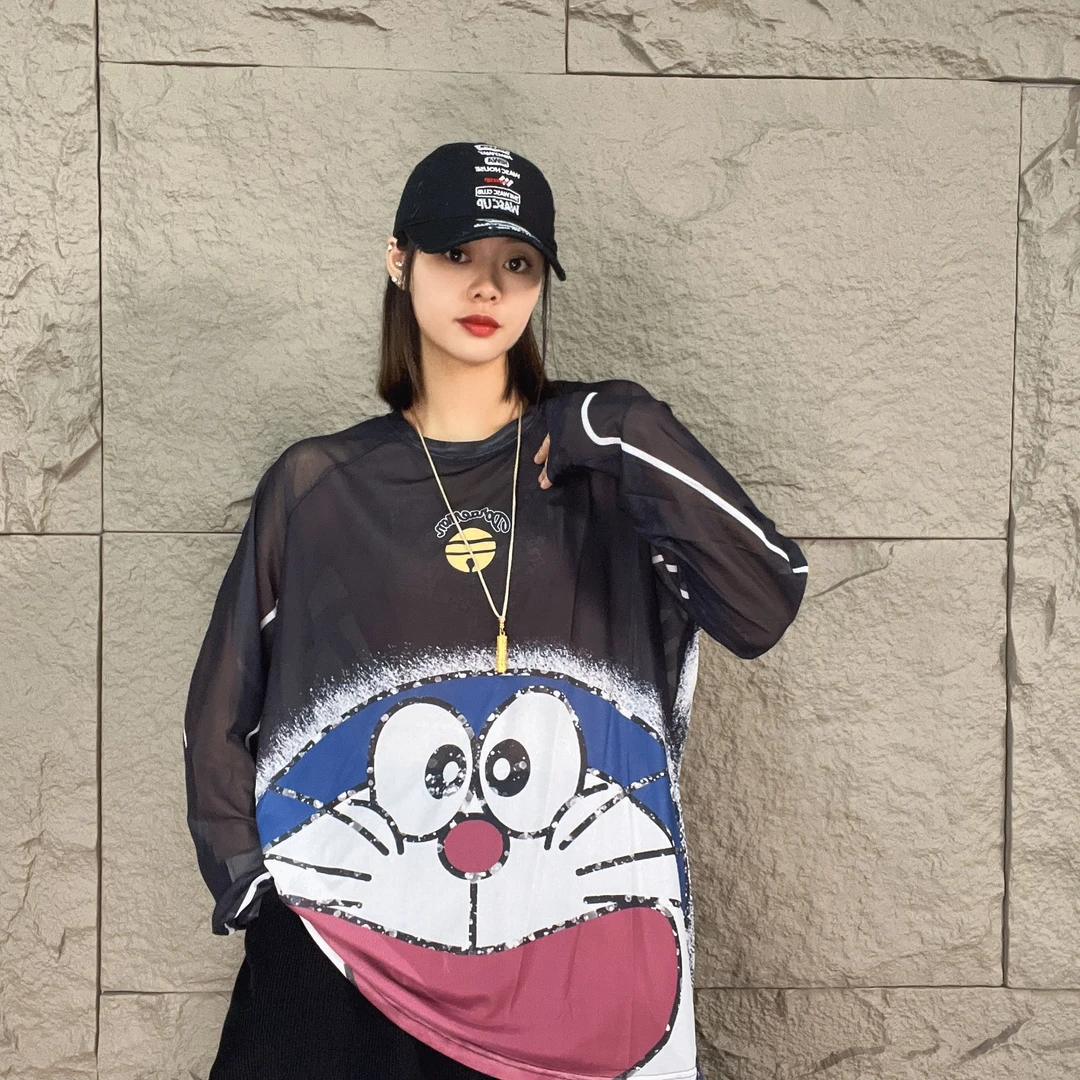 6679欧货秋季新款时尚百搭宽松气质潮流数码印花叮当猫纱网上衣