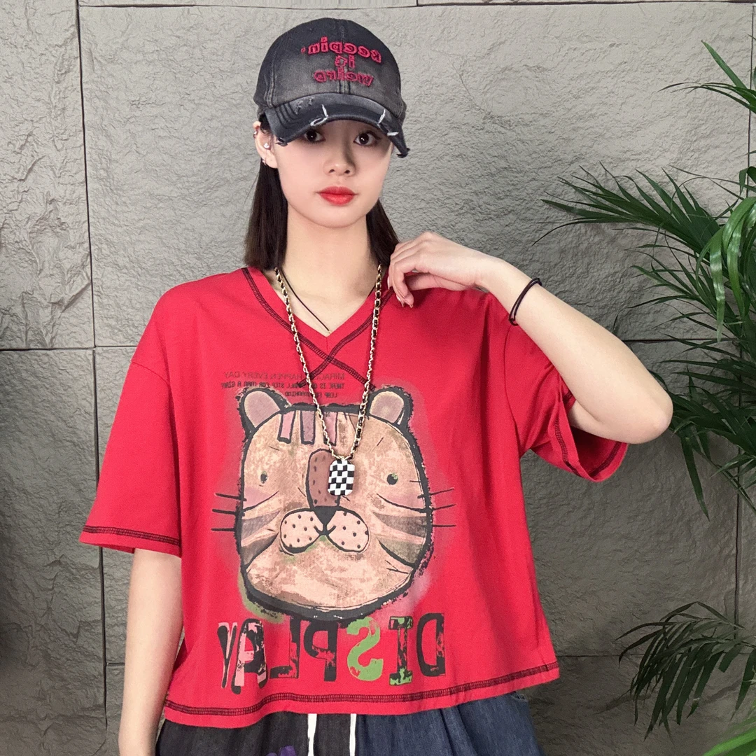 66071欧货夏季新款时尚百搭宽松潮流气质V领卡通潮牌猫纯色半袖