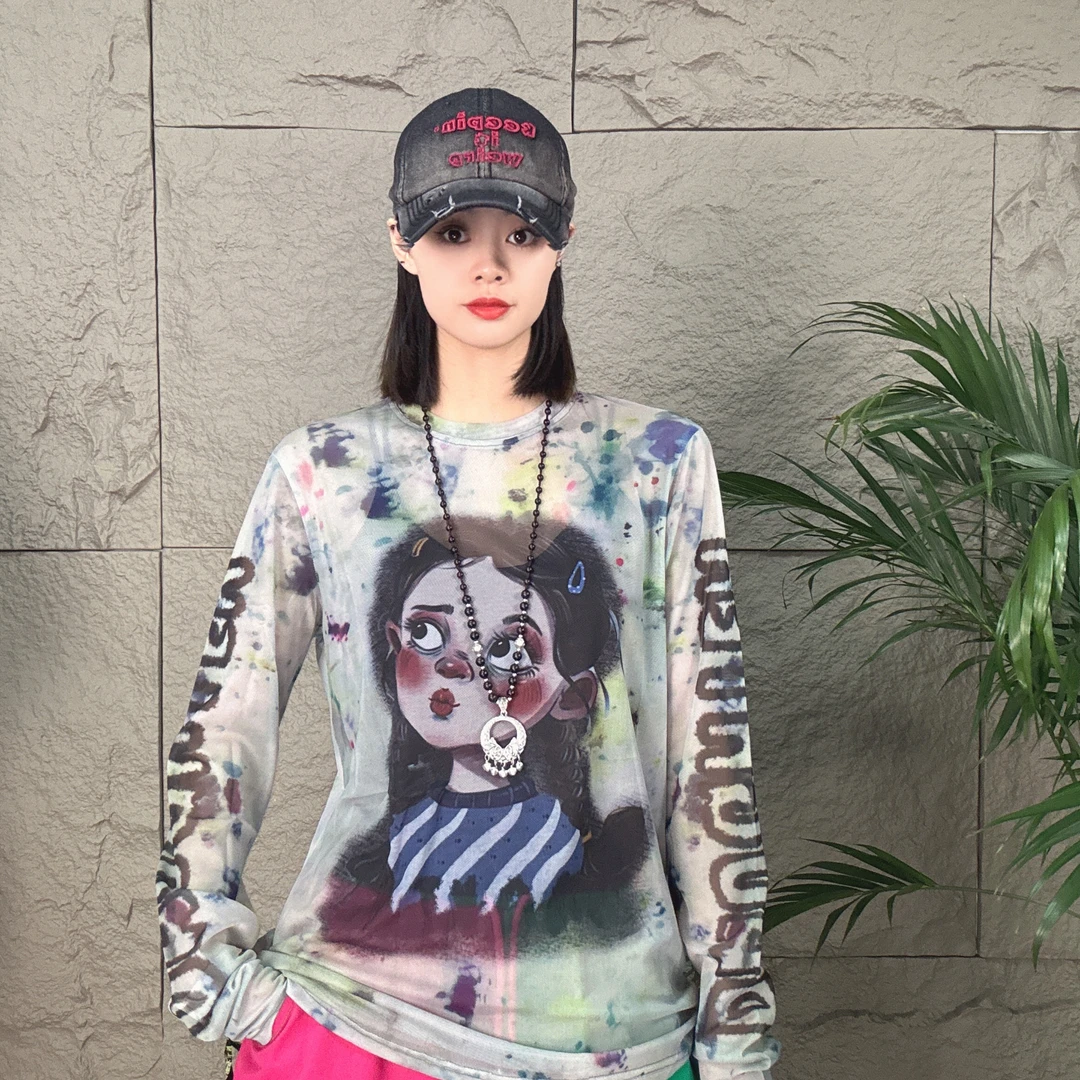 81035夏季新款时尚百搭宽松潮流小女孩印花个性圆领雪纺衫