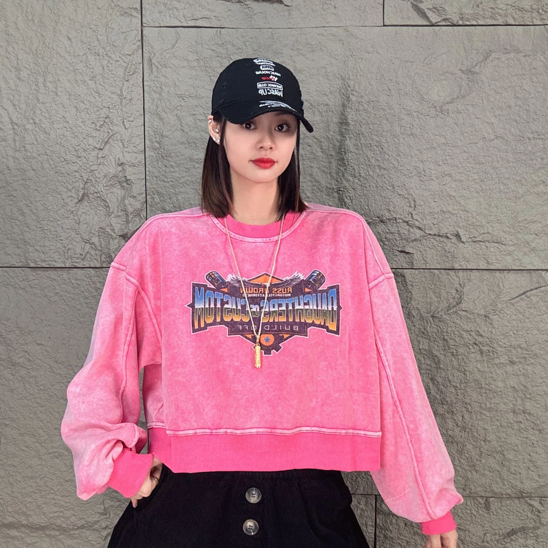 6101欧货秋季新款时尚百搭气质潮流印花宽松字母洗水短款卫衣女