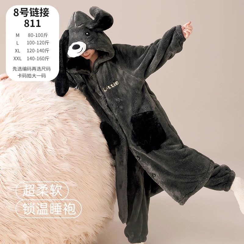 睡袍保暖珊瑚绒冬款睡袍家居服女法兰绒秋冬连帽新款加厚加绒套装
