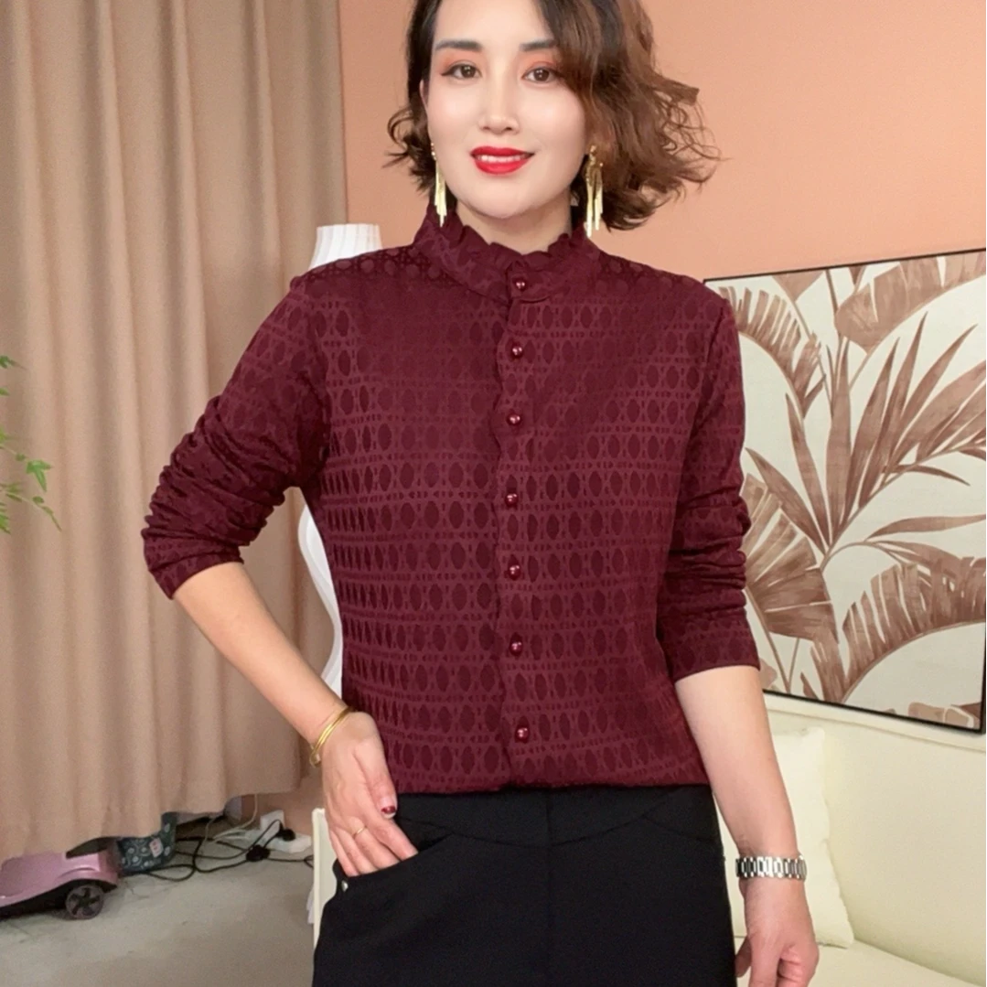 秋季新款长袖保暖纯色提花木耳边时尚百搭气质打底小衫910