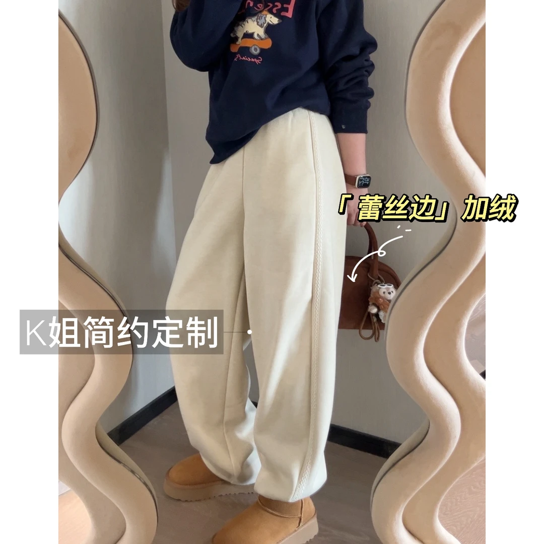 GTNER“KK定制”冬女新款简约时尚显瘦加绒蕾丝边直筒休闲裤D1595