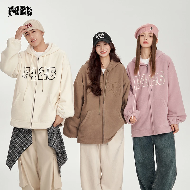 F426国潮牌情侣加厚加绒卫衣大logo贴布刺绣卫衣开衫外套5485