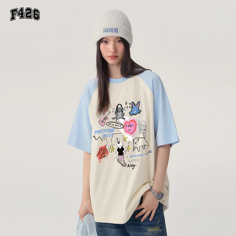 F426潮牌夏季休闲短袖T恤宽松圆领纯棉猫咪印花插肩袖正肩t恤5157