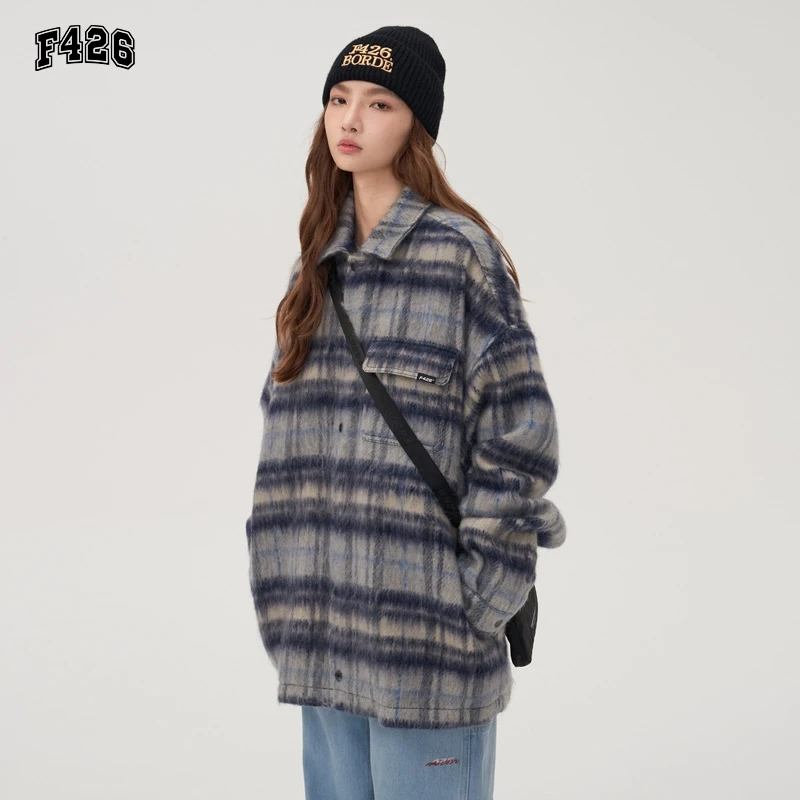 F426国潮牌格子毛呢大衣冬季新款宽松呢子风衣情侣潮流冬装外套