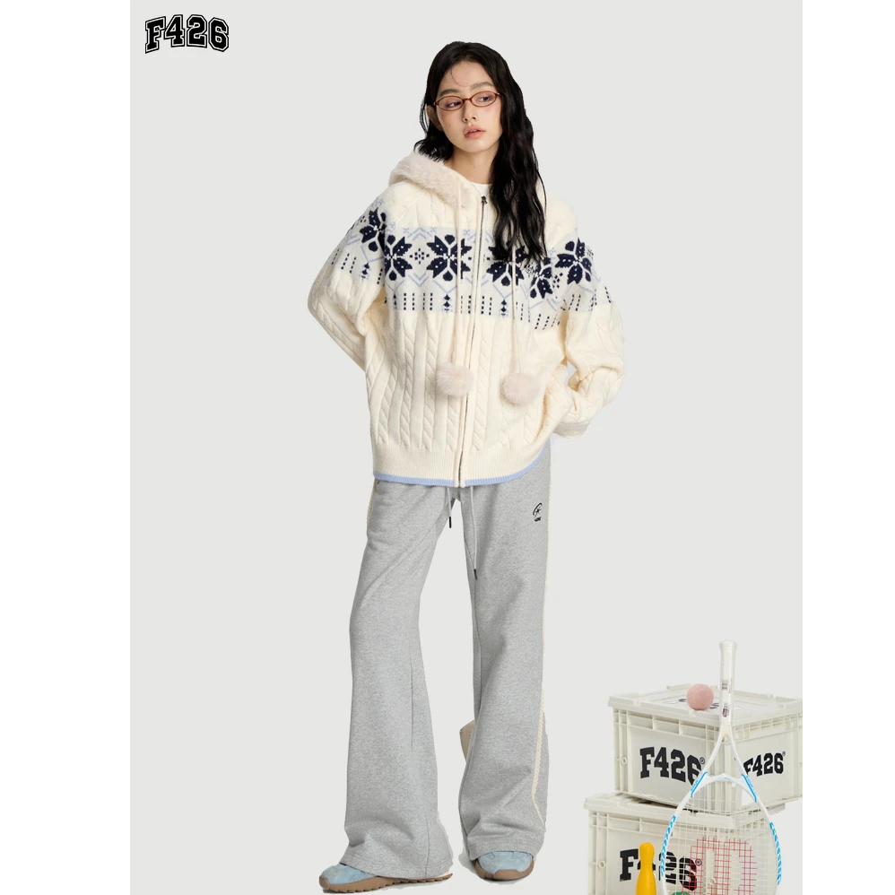 F426国潮牌连帽毛领费尔岛毛衣连帽开衫宽松针织秋季外套5954 达