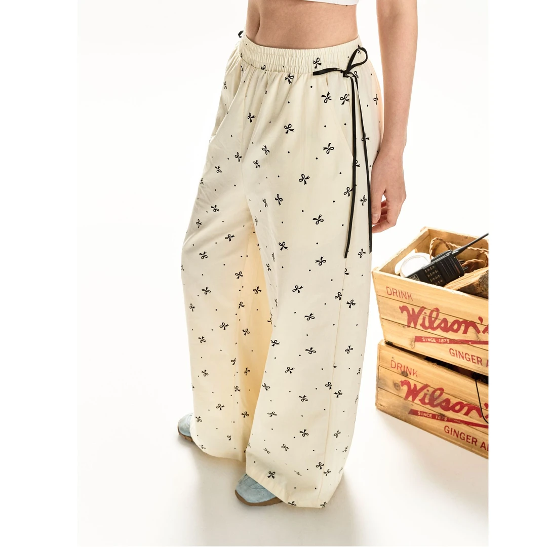 F426国潮牌蝴蝶结绑带休闲裤宽松长裤黑色印花夏季裤子穿搭qp