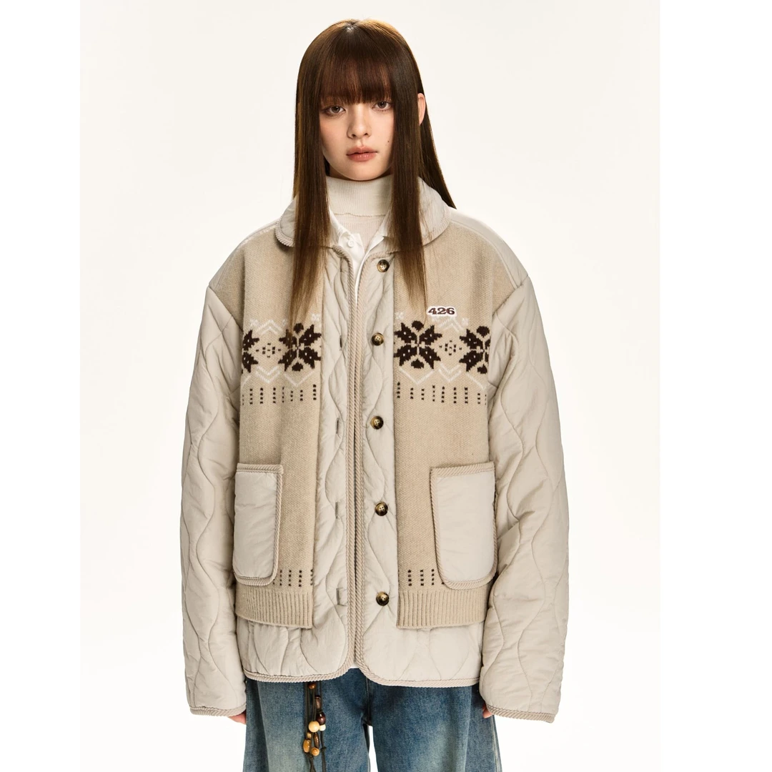 F426国潮冬季情侣保暖毛织拼接葫芦格棉服6344