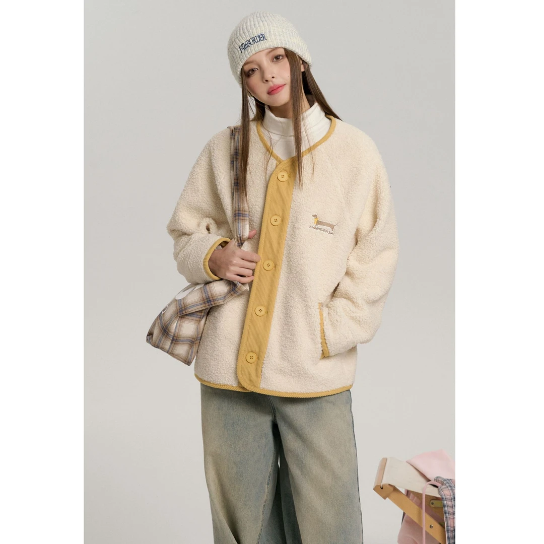 F426国潮牌情侣春秋撞色门襟无领颗粒绒抓绒开衫外套5594