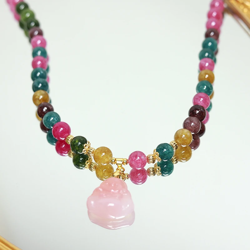 8m天然碧玺三圈玛瑙佛公手链 多样性发一 H2808